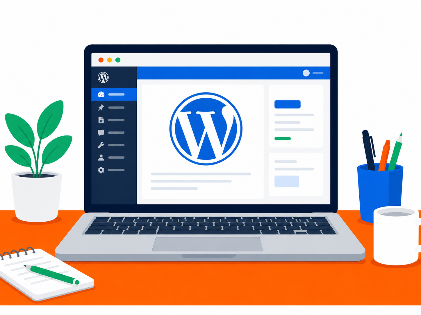 WordPressの管理画面が表示されたノートパソコンのイラスト